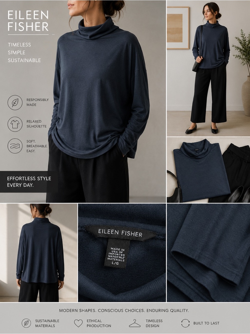 Eileen Fisher Navy Blue Tencel Blend Relaxed Turtleneck Top Size L